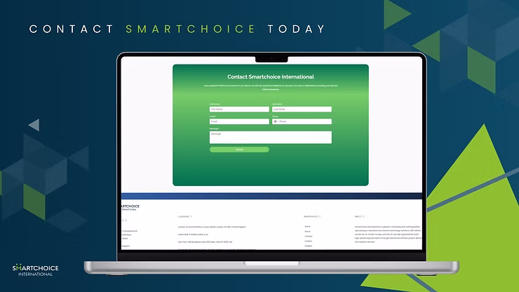 Laptop displaying a green contact form for SmartChoice International on a blue geometric background. Text: "Contact SmartChoice Today."