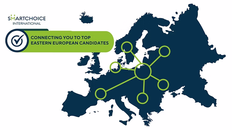 Map of Europe with green network lines, "CONNECTING YOU TO TOP EASTERN EUROPEAN CANDIDATES" text, blue and green theme, logo included.