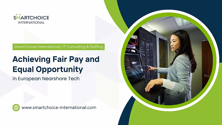 IT professional working in a server room, touching a screen. Text: "Achieving Fair Pay and Equal Opportunity in European Nearshore Tech." SmartChoice International branding.