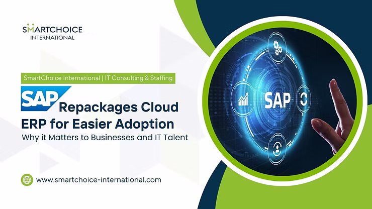 SAP Cloud ERP repackage graphic with glowing blue tech icons. Green accents, SmartChoice International branding, and website link included.