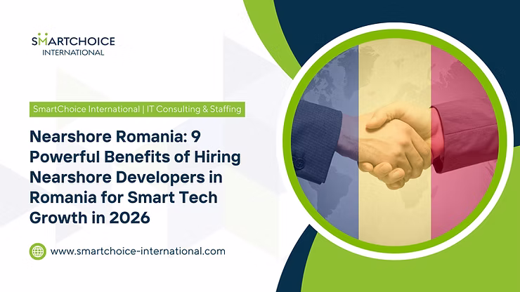 Handshake overlaid with Romanian flag colors; text highlights benefits of hiring nearshore developers in Romania for tech growth in 2026.