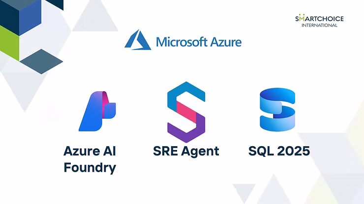 Logos for Azure AI Foundry, SRE Agent, SQL 2025 under Microsoft Azure brand. Geometric shapes and Smartchoice International logo.