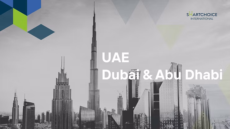 Dubai skyline in grayscale with the Burj Khalifa. Text reads "UAE Dubai & Abu Dhabi." Geometric patterns in blue and green.