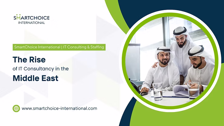 Three men in traditional clothing collaborate with documents in an office. Text reads "The Rise of IT Consultancy in the Middle East."