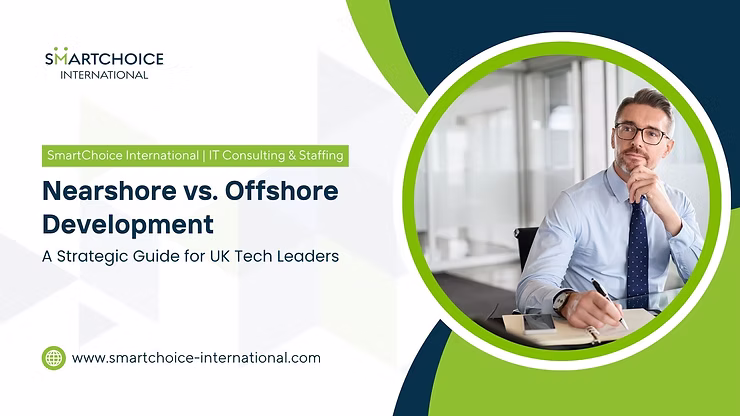 Man in office thinking with pen in hand. Text: "Nearshore vs. Offshore Development" by SmartChoice International, guide for UK tech leaders.