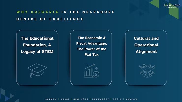Dark blue background with three text boxes highlighting advantages of IT recruitment in Bulgaria: STEM education, flat tax, and cultural alignment.
