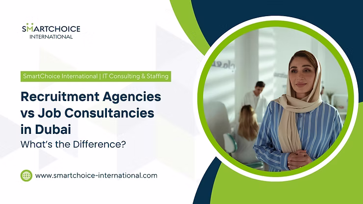 Woman in a striped shirt stands confidently in an office. Text: "Recruitment Agencies vs Job Consultancies in Dubai. What's the Difference?".