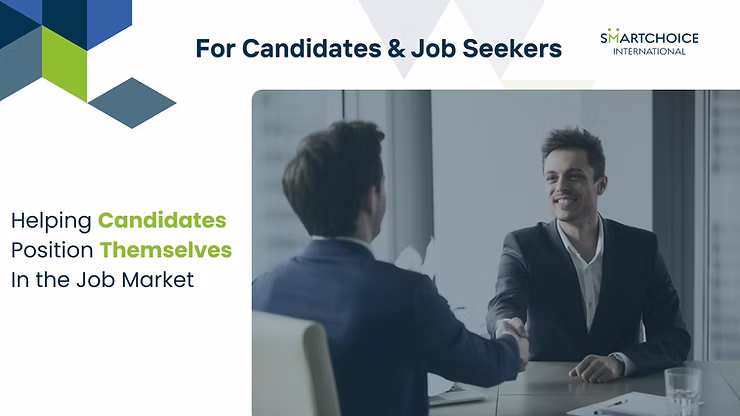 Two men in suits shake hands in an office. Text reads "Helping Candidates Position Themselves in the Job Market." Mood: professional.