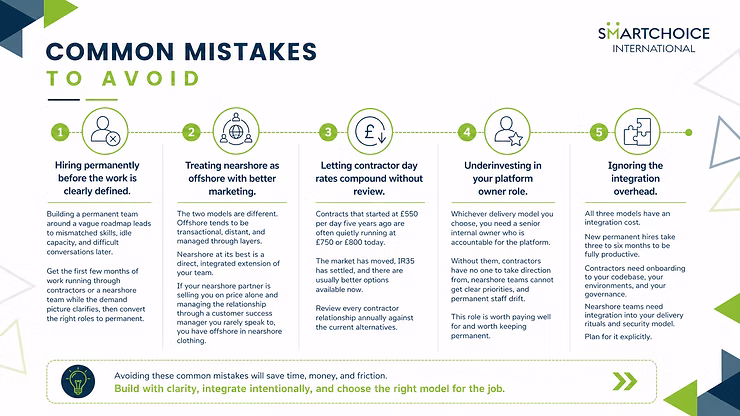 Infographic by SmartChoice International titled "Common Mistakes to Avoid" with five points on hiring, offshore, contracts, platform roles, and integration.