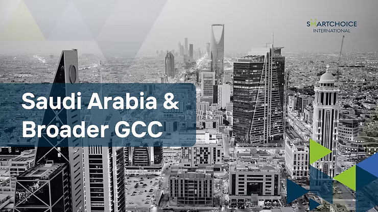 Black and white city skyline with modern skyscrapers, "Saudi Arabia & Broader GCC" text overlay. Green and blue triangles accent design.