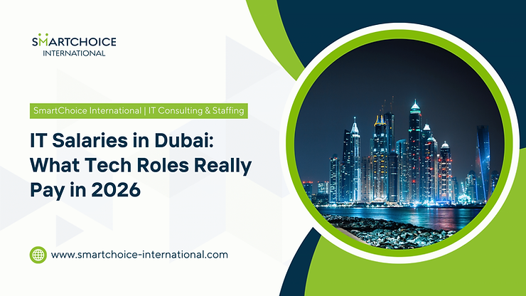 SmartChoice International Blog Cover: IT Salaries in Dubai, What Tech Roles Really Pay in 2026, with Dubai skyline at night and website URL