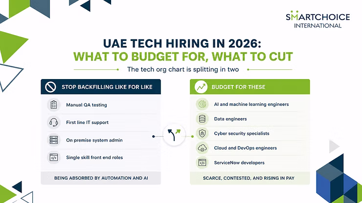 Infographic: UAE tech hiring in 2026, with lists of roles to cut and budget for, on a white SmartChoice International slide.
