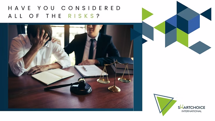 Two men at a table, one distressed, with scales, gavel, and notes. Text: "Have you considered all of the risks?" Background geometric pattern.