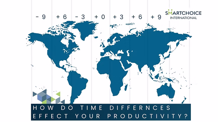 World map showing time zones in teal. Text reads: "HOW DO TIME DIFFERENCES AFFECT YOUR PRODUCTIVITY?" Logo: "SMARTCHOICE INTERNATIONAL."