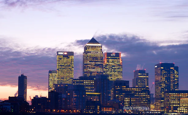 London skyline with Canary Wharf skyscrapers