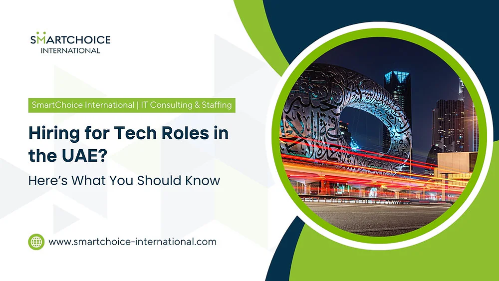 Реклама на SmartChoice International. Текст: Наемате за технологични роли в ОАЕ? Показва футуристична сграда със светлинни следи. Включен е уебсайт.